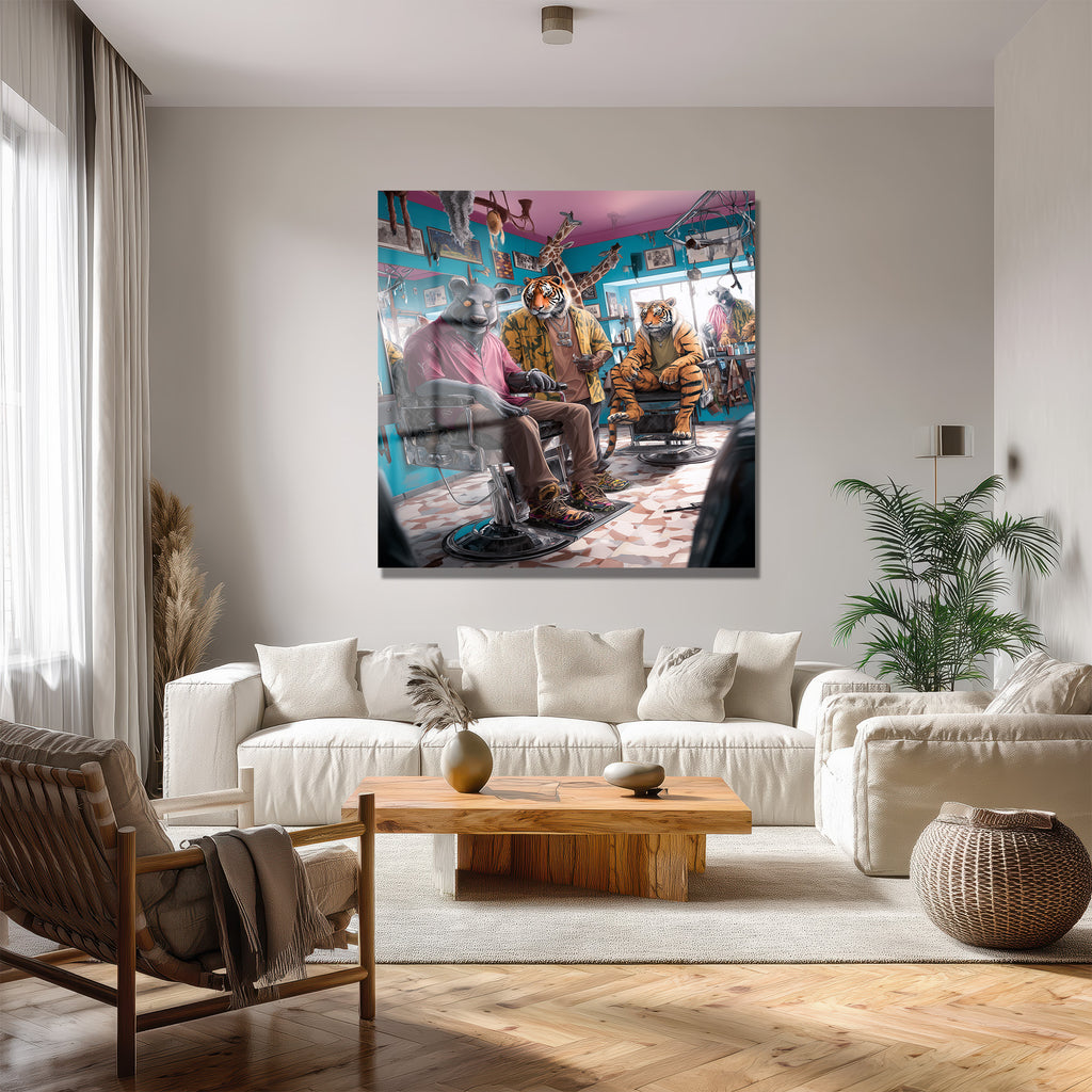 Kentsel Orman Berber Salonu Temalı Modern Cam Tablo