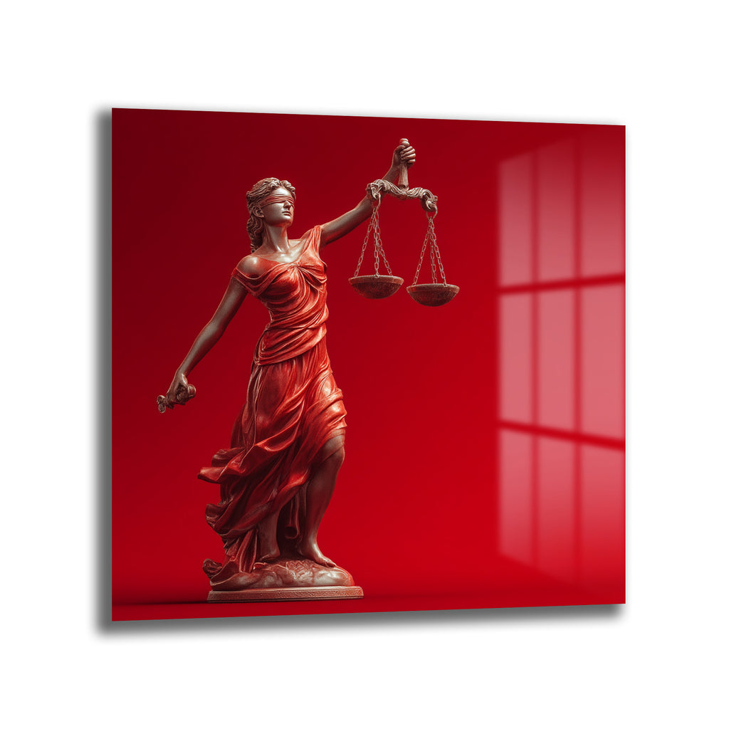 Adalet Tanrıçası Themis Temalı Kırmızı Fonlu Cam Tablo
