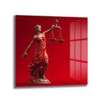 Adalet Tanrıçası Themis Temalı Kırmızı Fonlu Cam Tablo