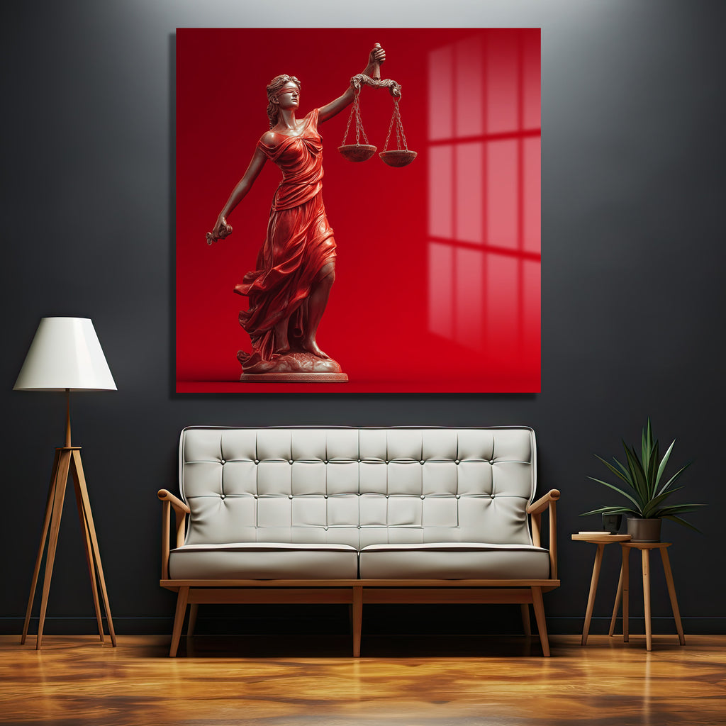 Adalet Tanrıçası Themis Temalı Kırmızı Fonlu Cam Tablo