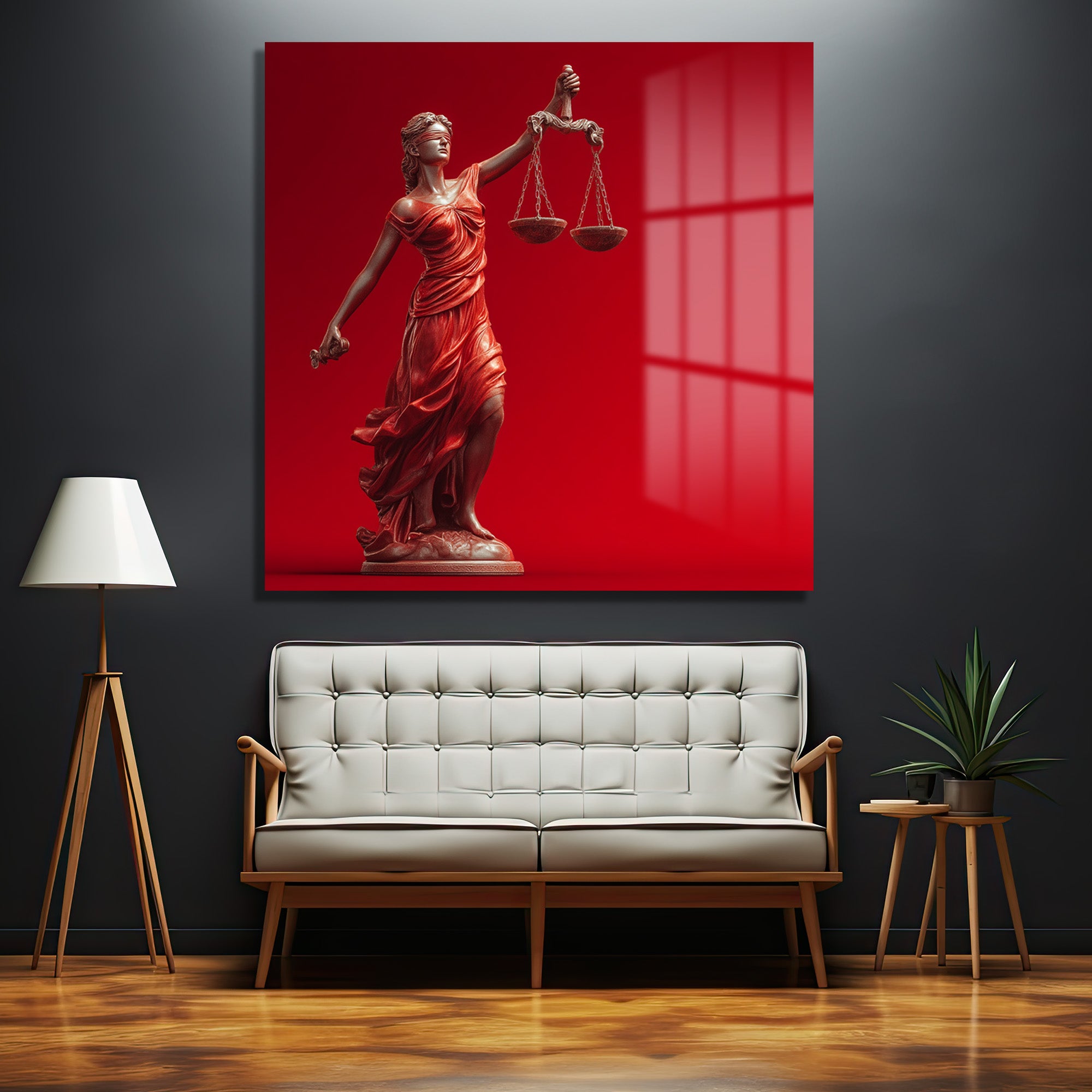 Adalet Tanrıçası Themis Temalı Kırmızı Fonlu Cam Tablo