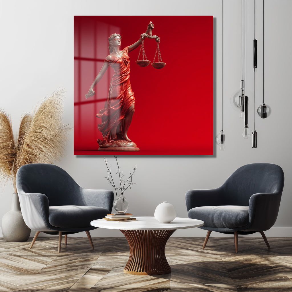 Adalet Tanrıçası Themis Temalı Kırmızı Fonlu Cam Tablo
