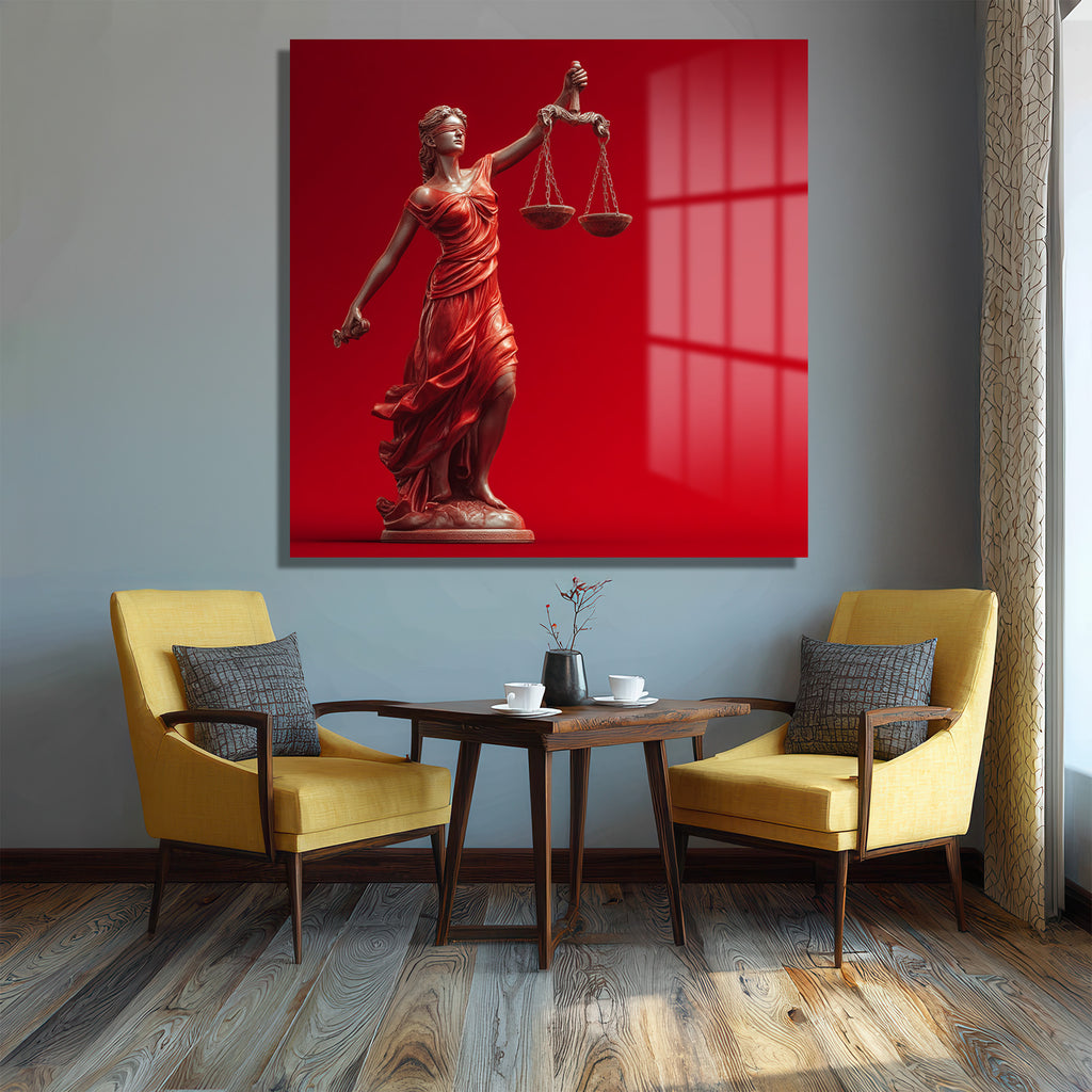 Adalet Tanrıçası Themis Temalı Kırmızı Fonlu Cam Tablo