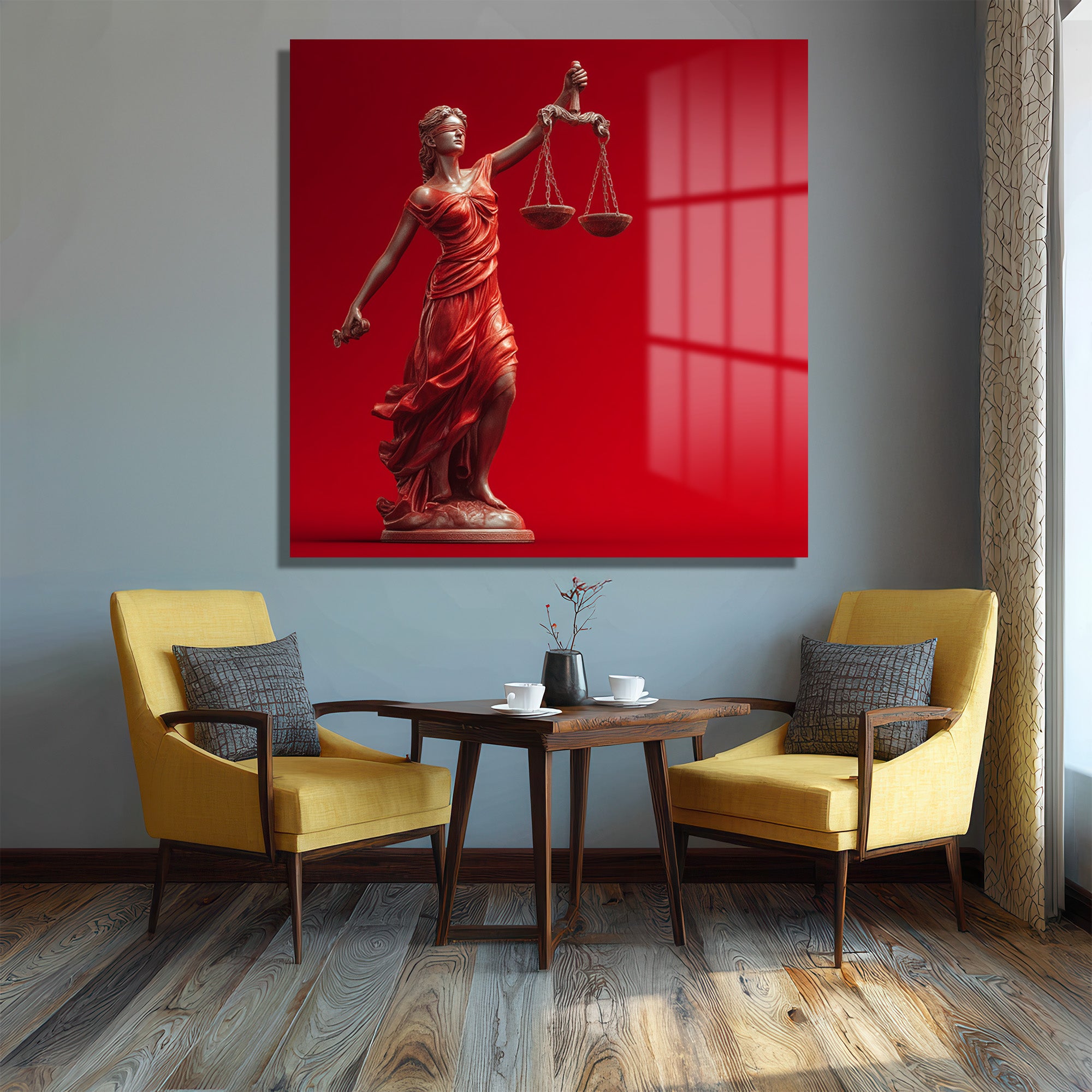 Adalet Tanrıçası Themis Temalı Kırmızı Fonlu Cam Tablo