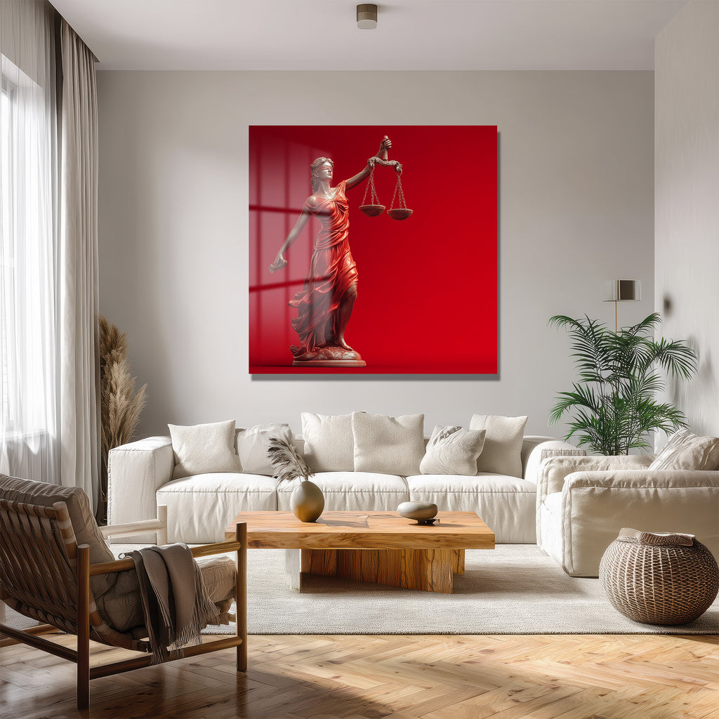 Adalet Tanrıçası Themis Temalı Kırmızı Fonlu Cam Tablo