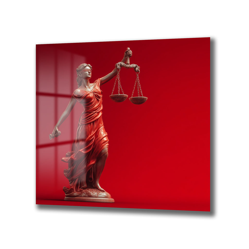 Kırmızı arka plan üzerinde, gözleri bağlı, bir elinde terazi, diğer elinde kılıç tutan Adalet Tanrıçası Themis heykelinin cam üzerine UV baskı detayı. Parlak yüzeyde yansımalar mevcut.