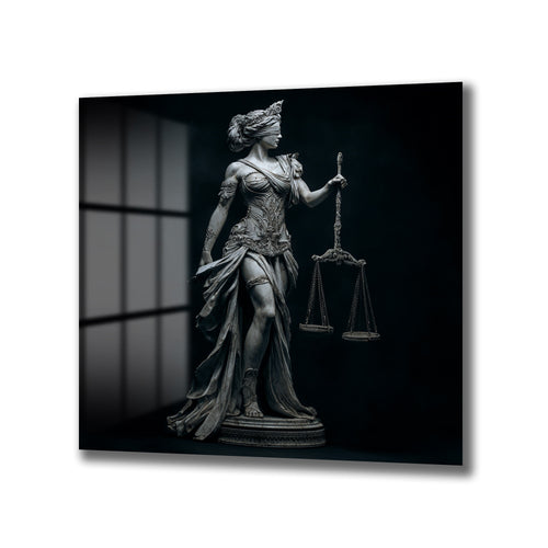 Karanlık bir arka plan önünde, gözleri bağlı, terazili Adalet Tanrıçası Themis heykelinin gri tonlarında, detaylı bir cam tablo görseli.
