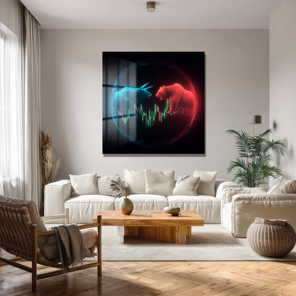 Boğa ve Ayı Mücadelesi Finans Temalı Sanatsal Cam Tablo