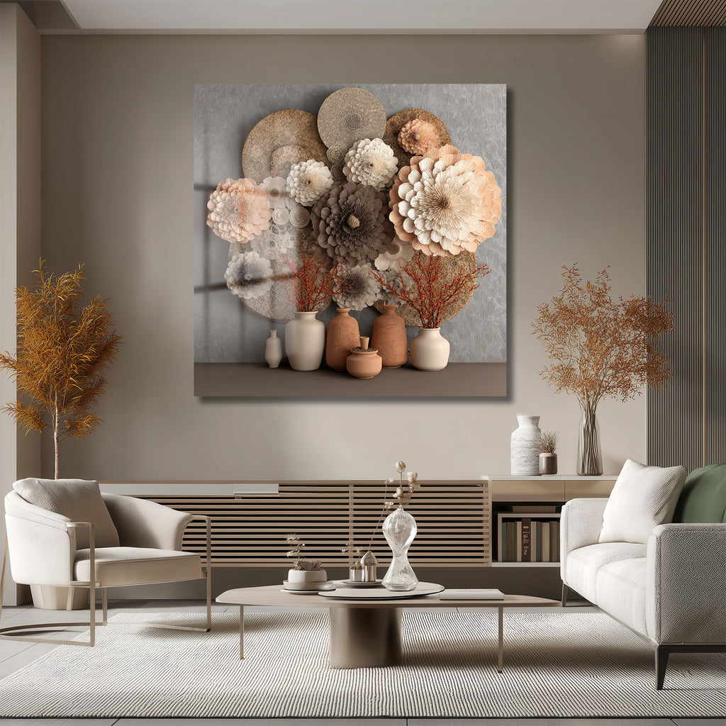 Doğal Dokular ve 3D Çiçekler Cam Tablo - Glazella Sanat Eseri