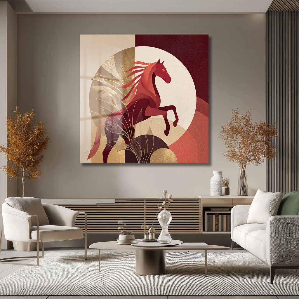Asil Atın Dansı Gold Detaylı Modern Cam Tablo