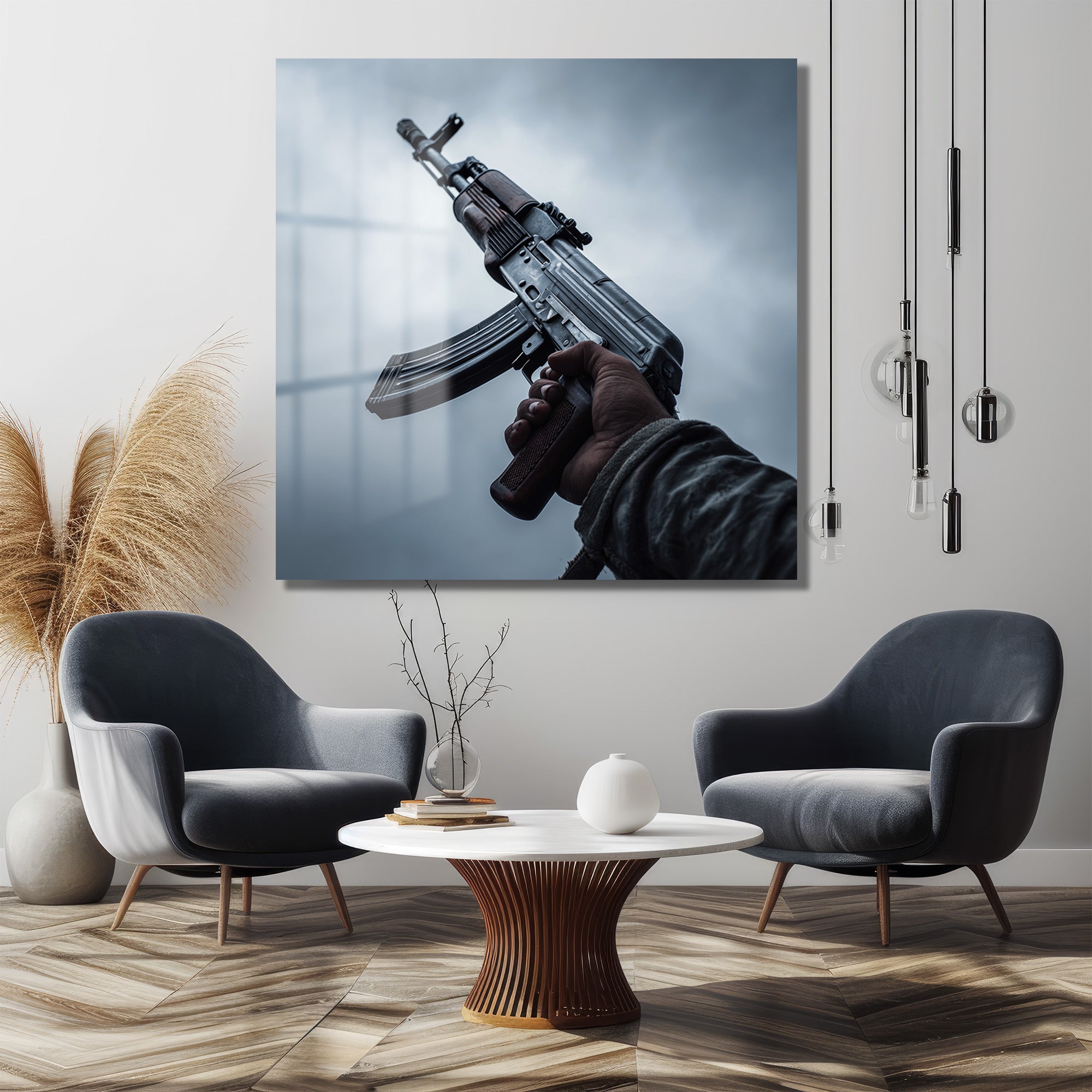 Cesur İfade: Sanatsal AK-47 Temalı Modern Cam Tablo