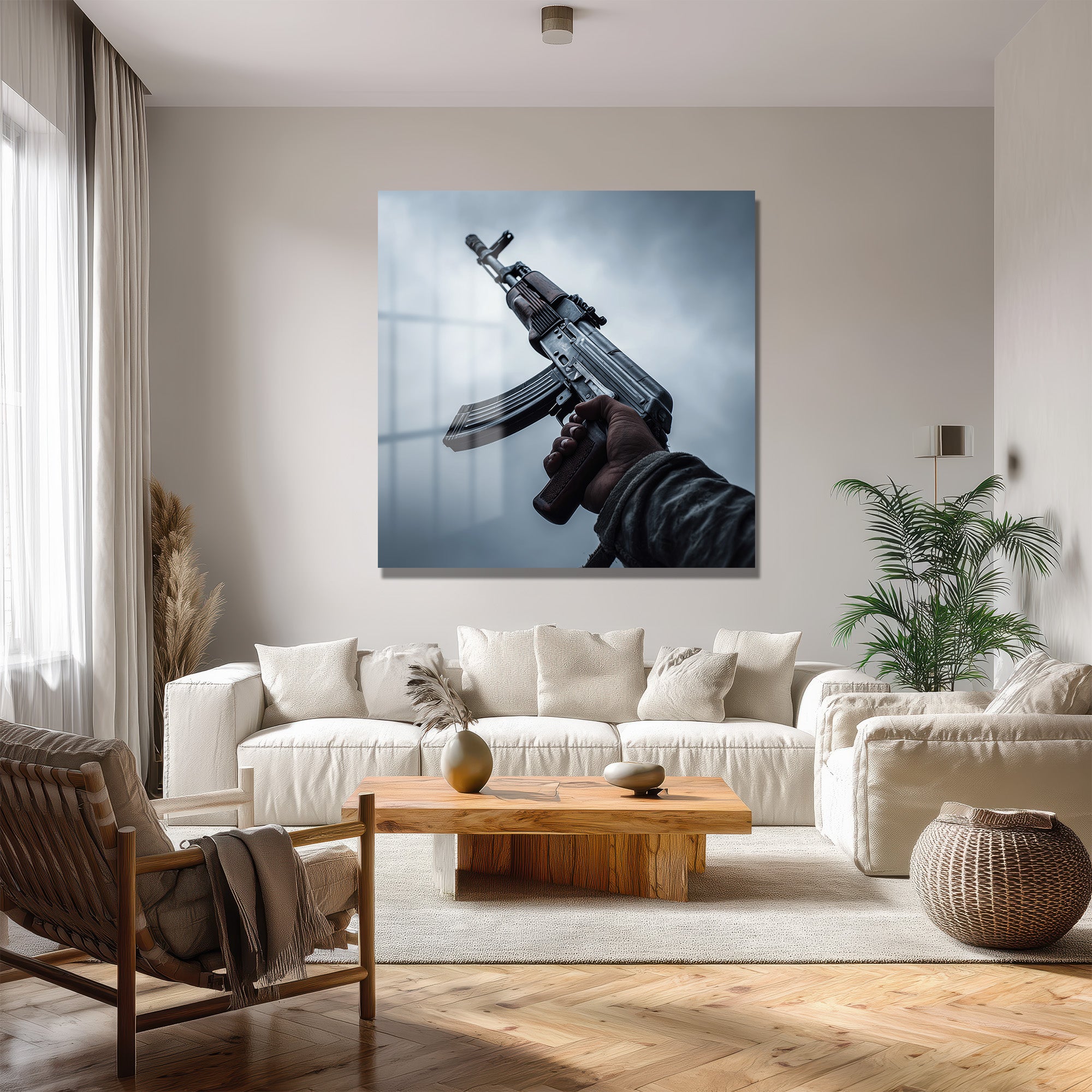 Cesur İfade: Sanatsal AK-47 Temalı Modern Cam Tablo