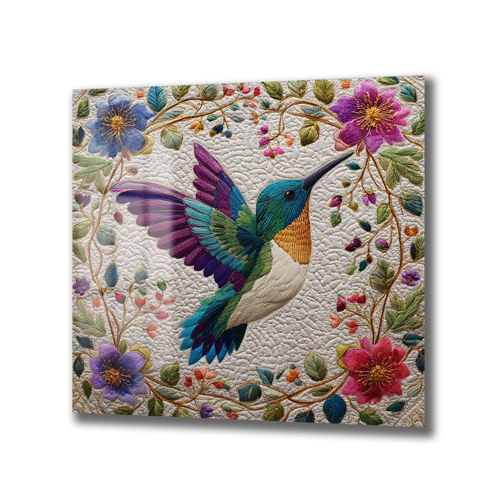 Büyüleyici Kolibri ve Çiçekler Temalı İşlemeli Cam Tablo
