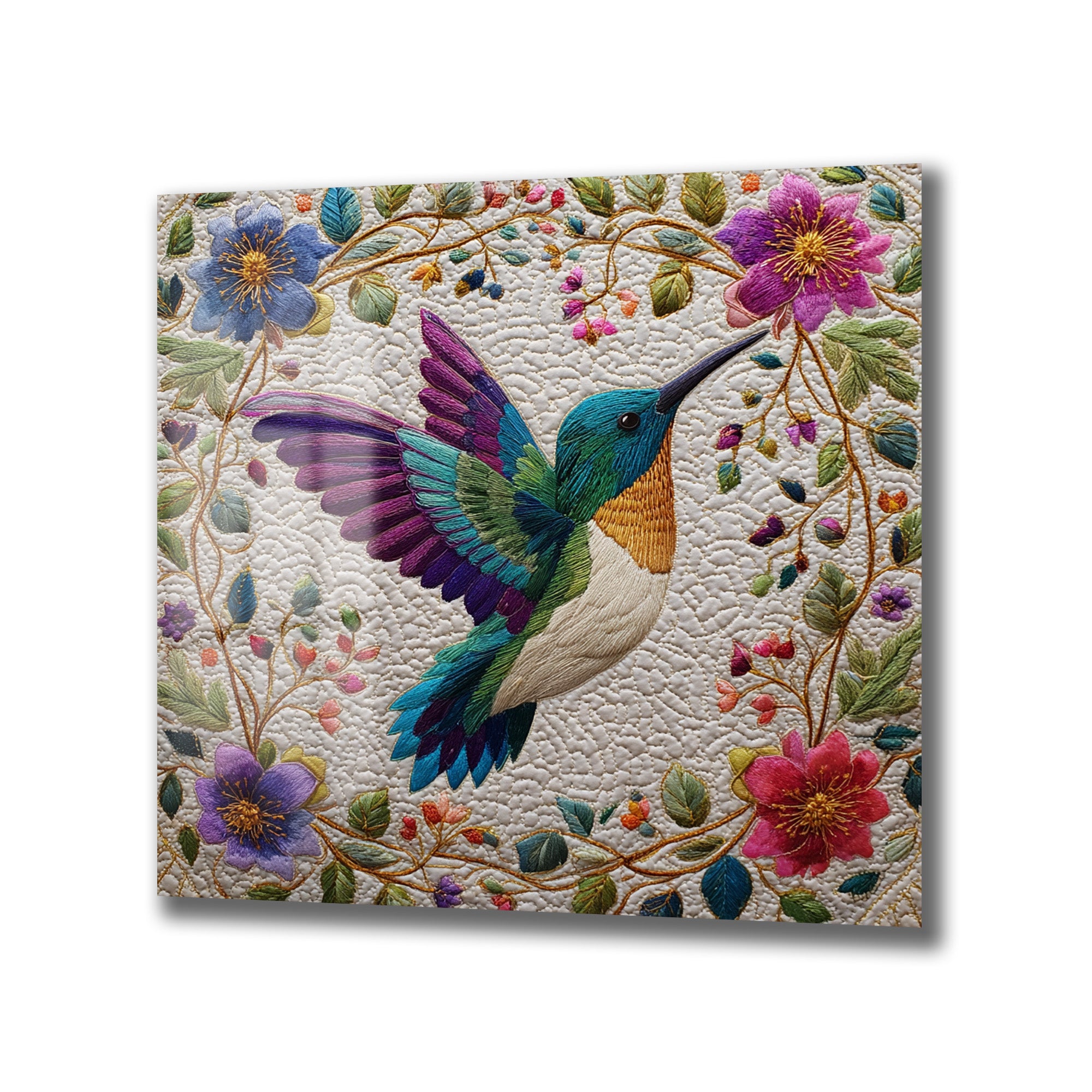 Büyüleyici Kolibri ve Çiçekler Temalı İşlemeli Cam Tablo