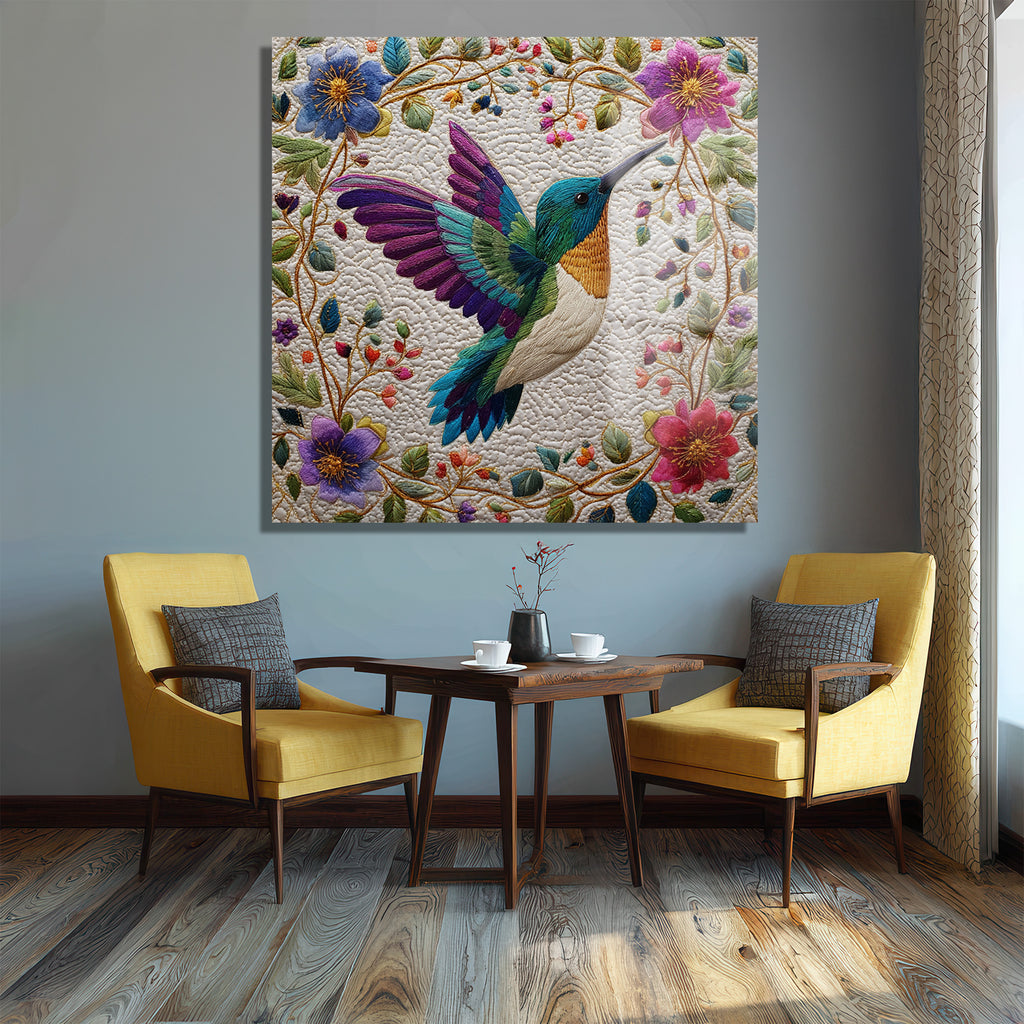 Büyüleyici Kolibri ve Çiçekler Temalı İşlemeli Cam Tablo