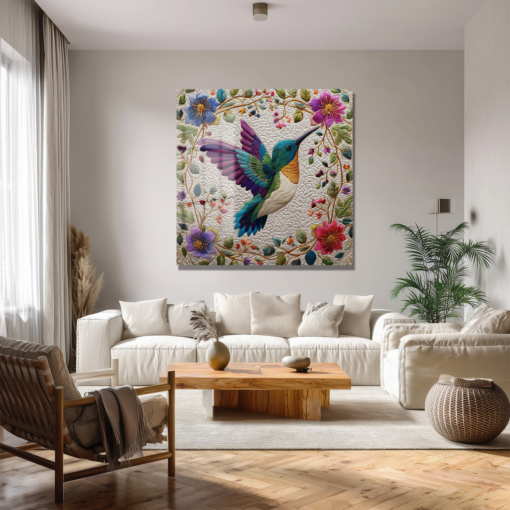 Büyüleyici Kolibri ve Çiçekler Temalı İşlemeli Cam Tablo