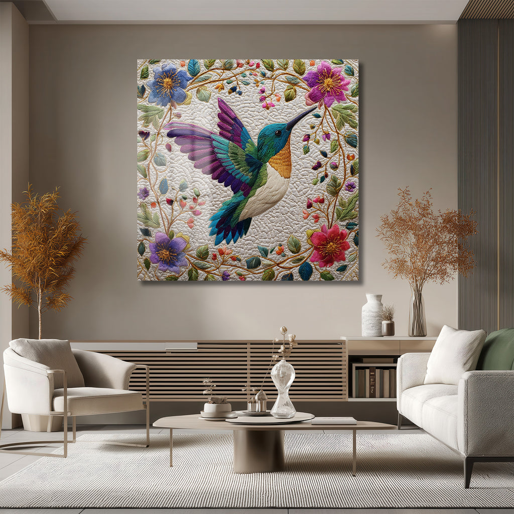 Büyüleyici Kolibri ve Çiçekler Temalı İşlemeli Cam Tablo