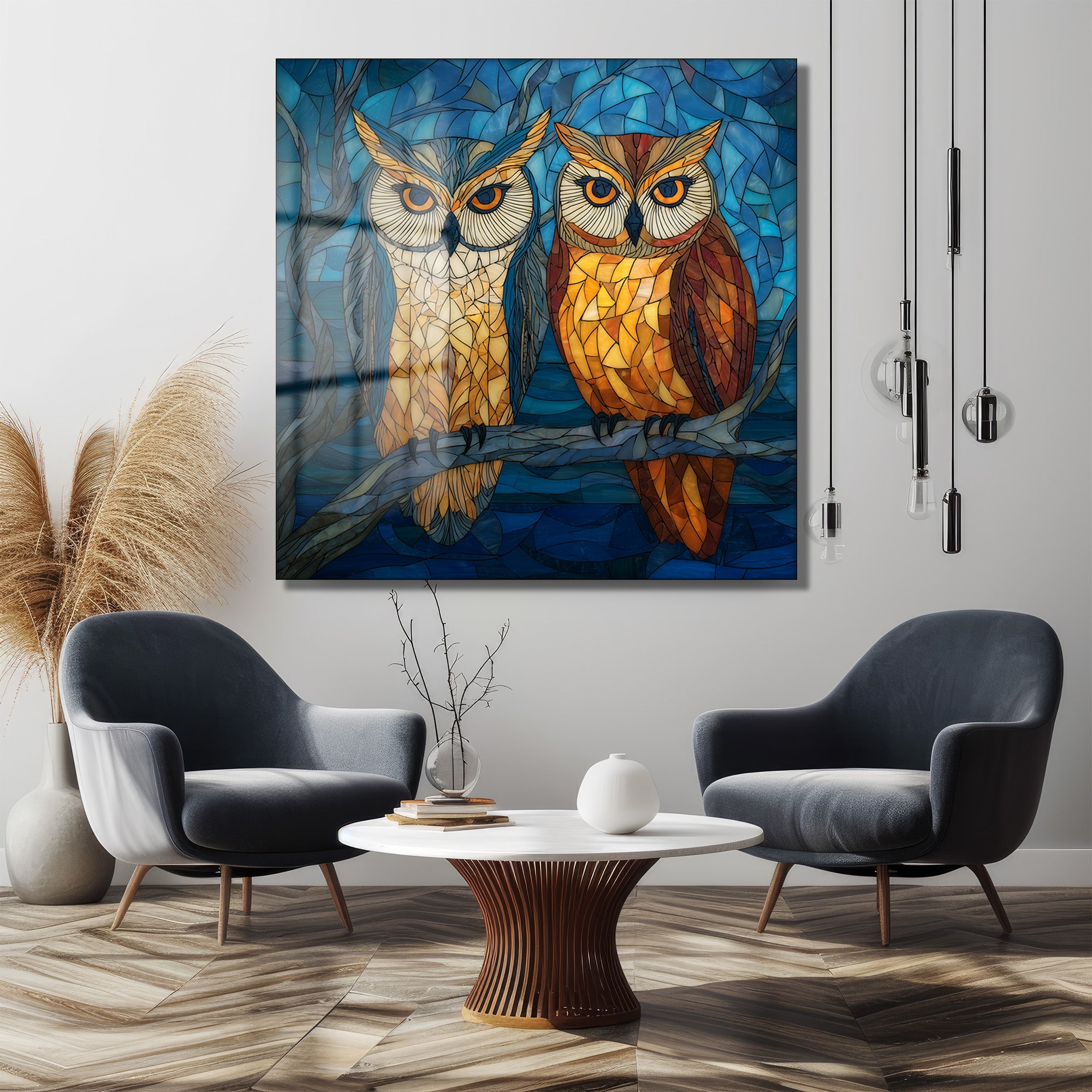 Büyüleyici Vitray Baykuşlar Cam Tablo - Glazella Sanat Serisi