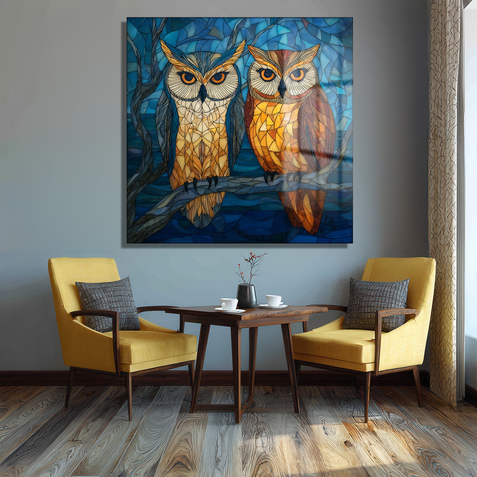Büyüleyici Vitray Baykuşlar Cam Tablo - Glazella Sanat Serisi