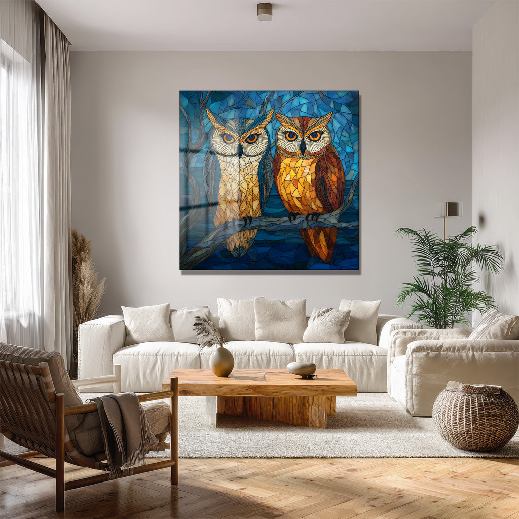 Büyüleyici Vitray Baykuşlar Cam Tablo - Glazella Sanat Serisi
