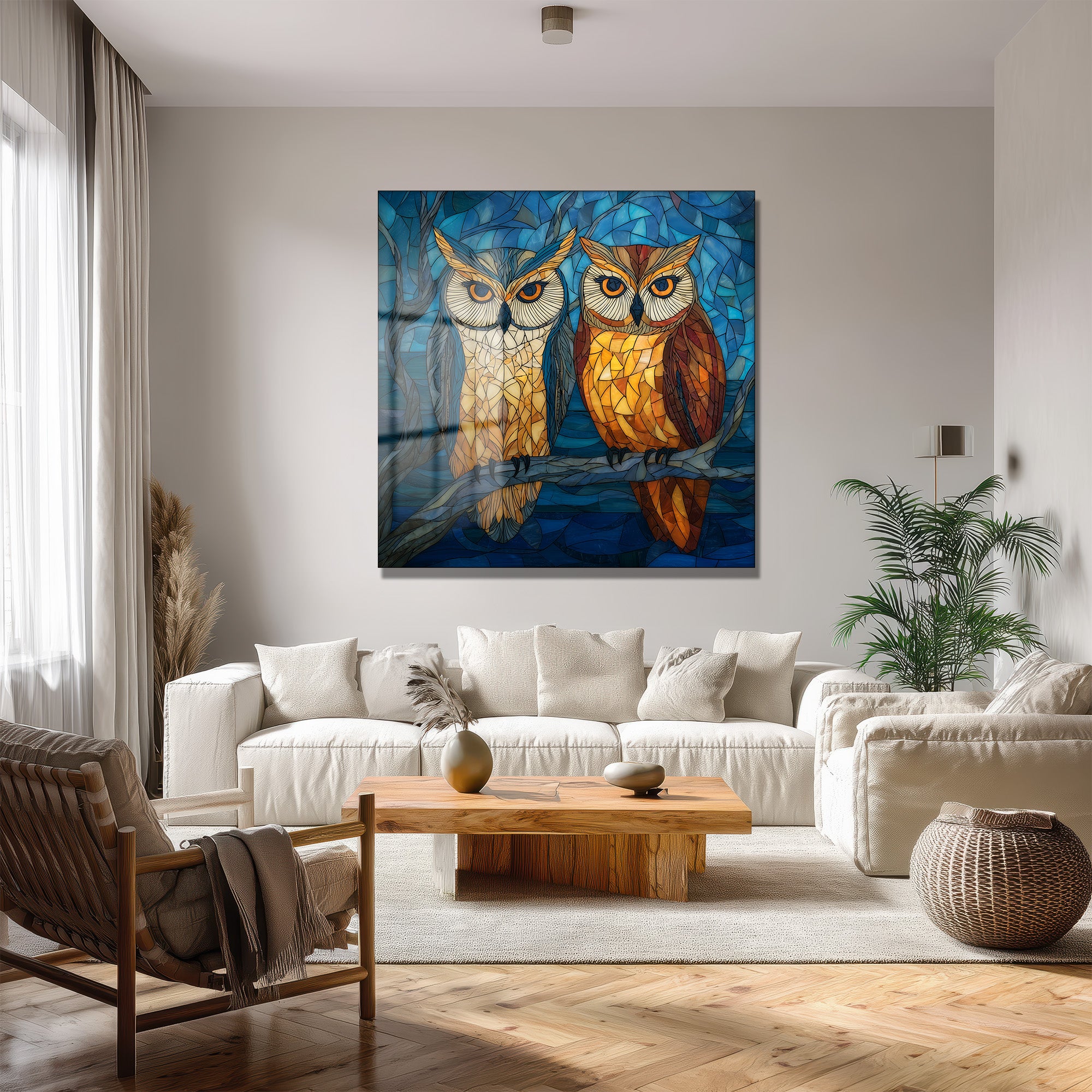 Büyüleyici Vitray Baykuşlar Cam Tablo - Glazella Sanat Serisi
