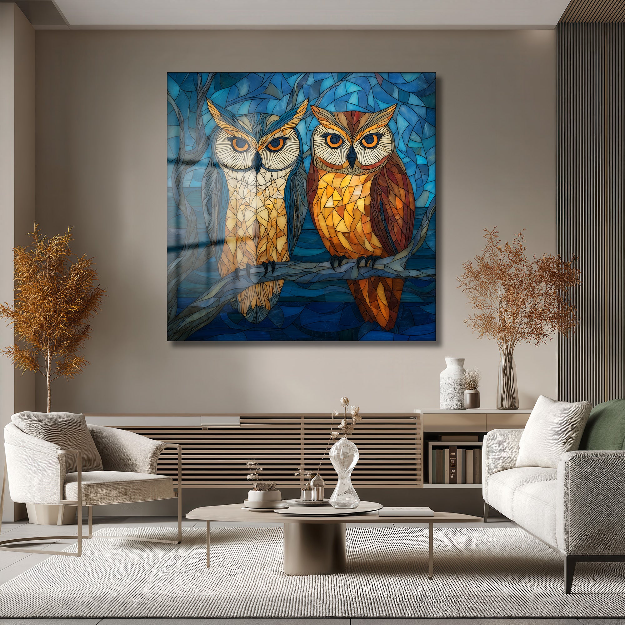 Büyüleyici Vitray Baykuşlar Cam Tablo - Glazella Sanat Serisi