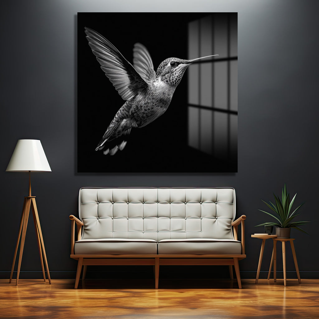 Siyah Beyaz Kolibri Uçuşu Cam Tablo