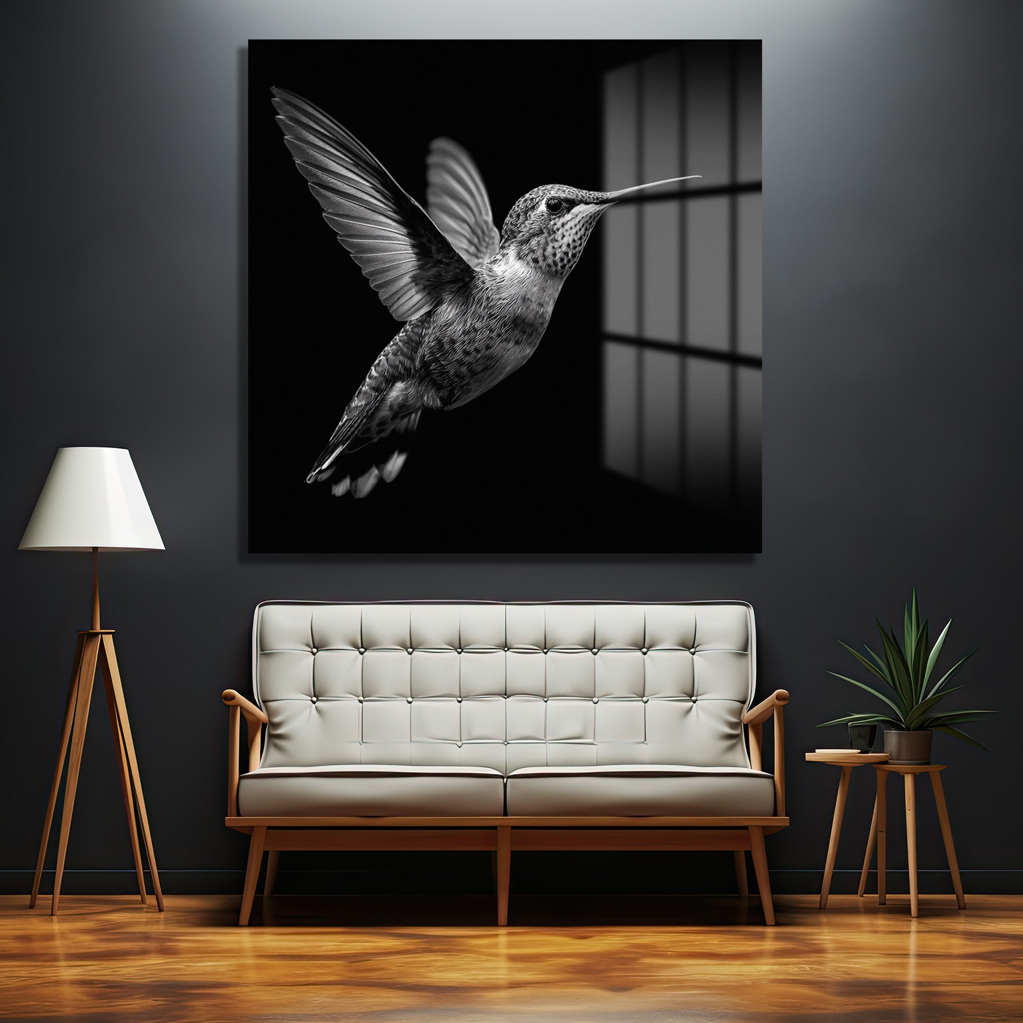 Siyah Beyaz Kolibri Uçuşu Cam Tablo