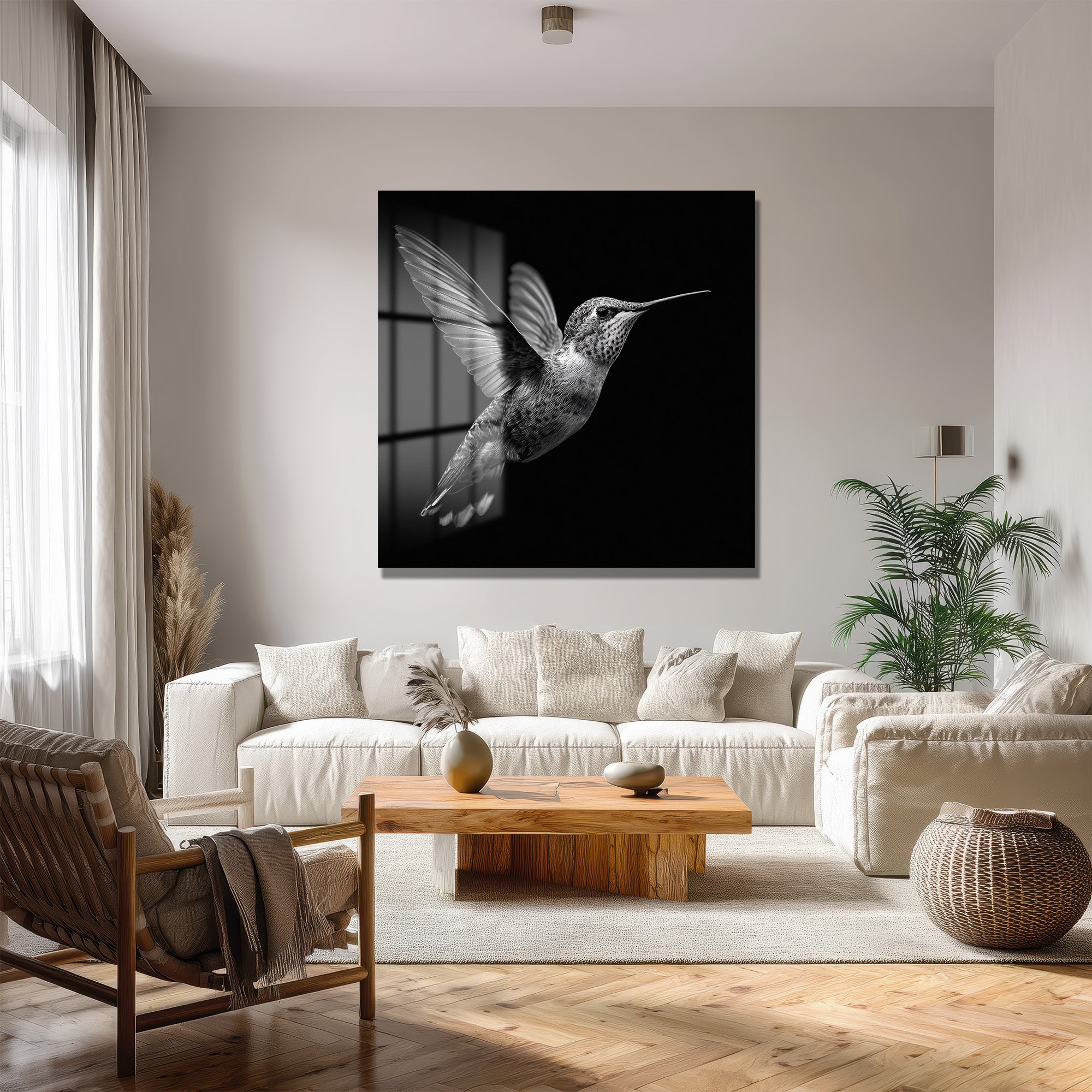 Siyah Beyaz Kolibri Uçuşu Cam Tablo