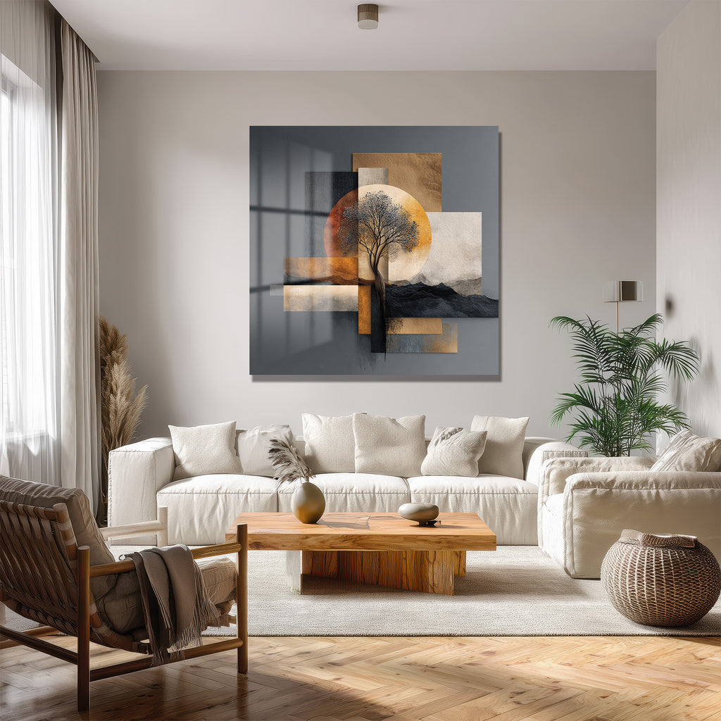 Soyut Ağaç ve Güneş Temalı Modern Cam Tablo