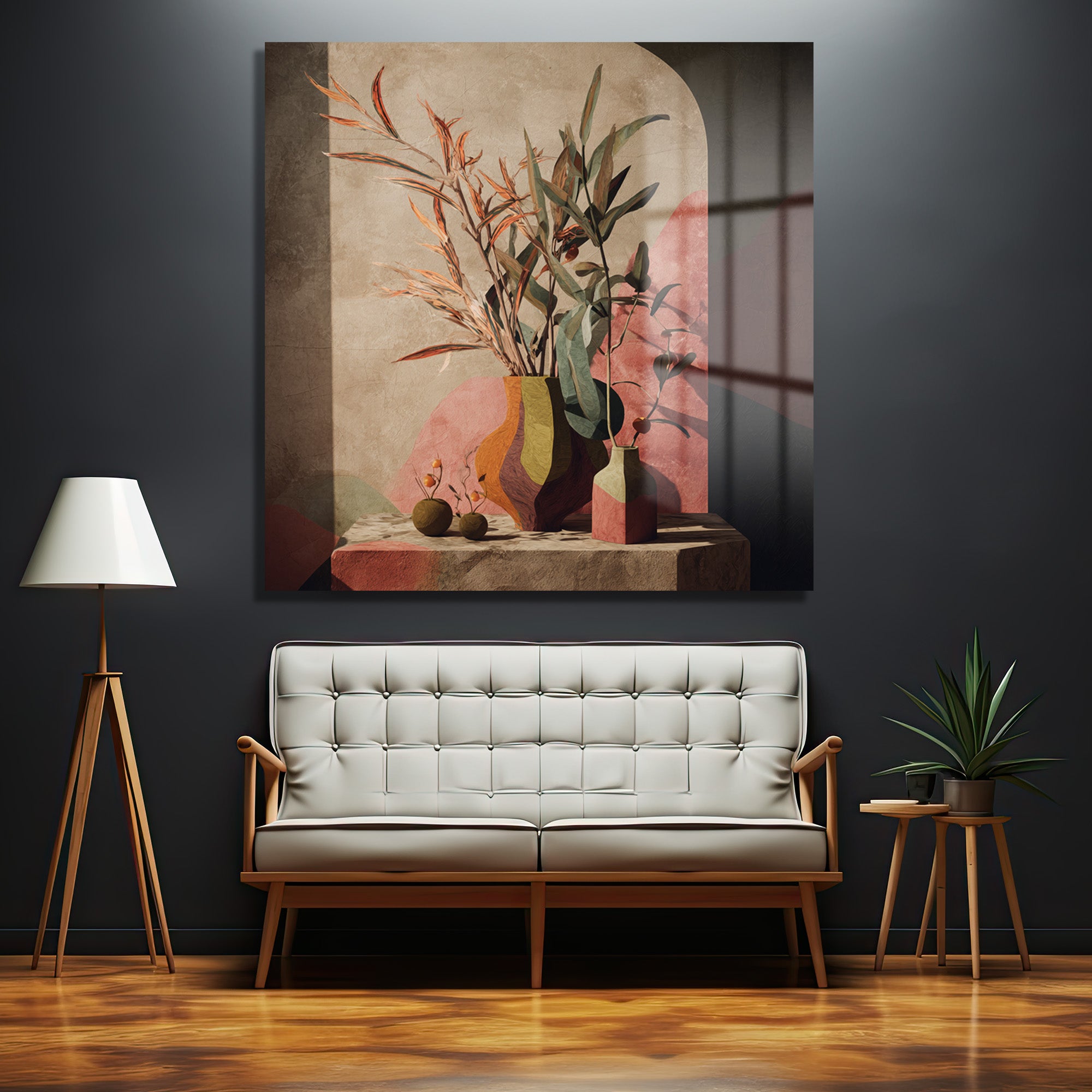 Pencere Gölgesiyle Soyut Botanik Sanat Cam Tablo