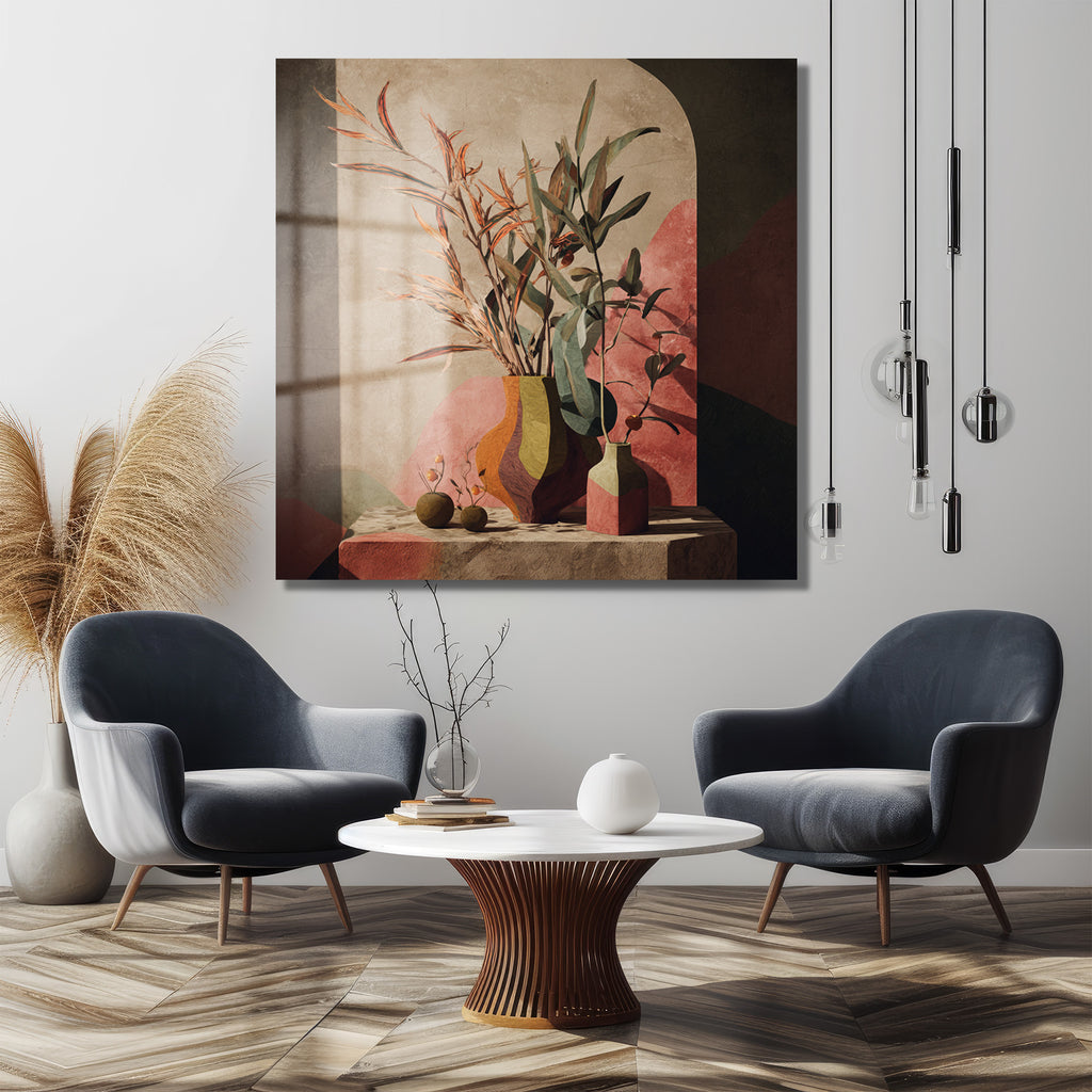 Pencere Gölgesiyle Soyut Botanik Sanat Cam Tablo