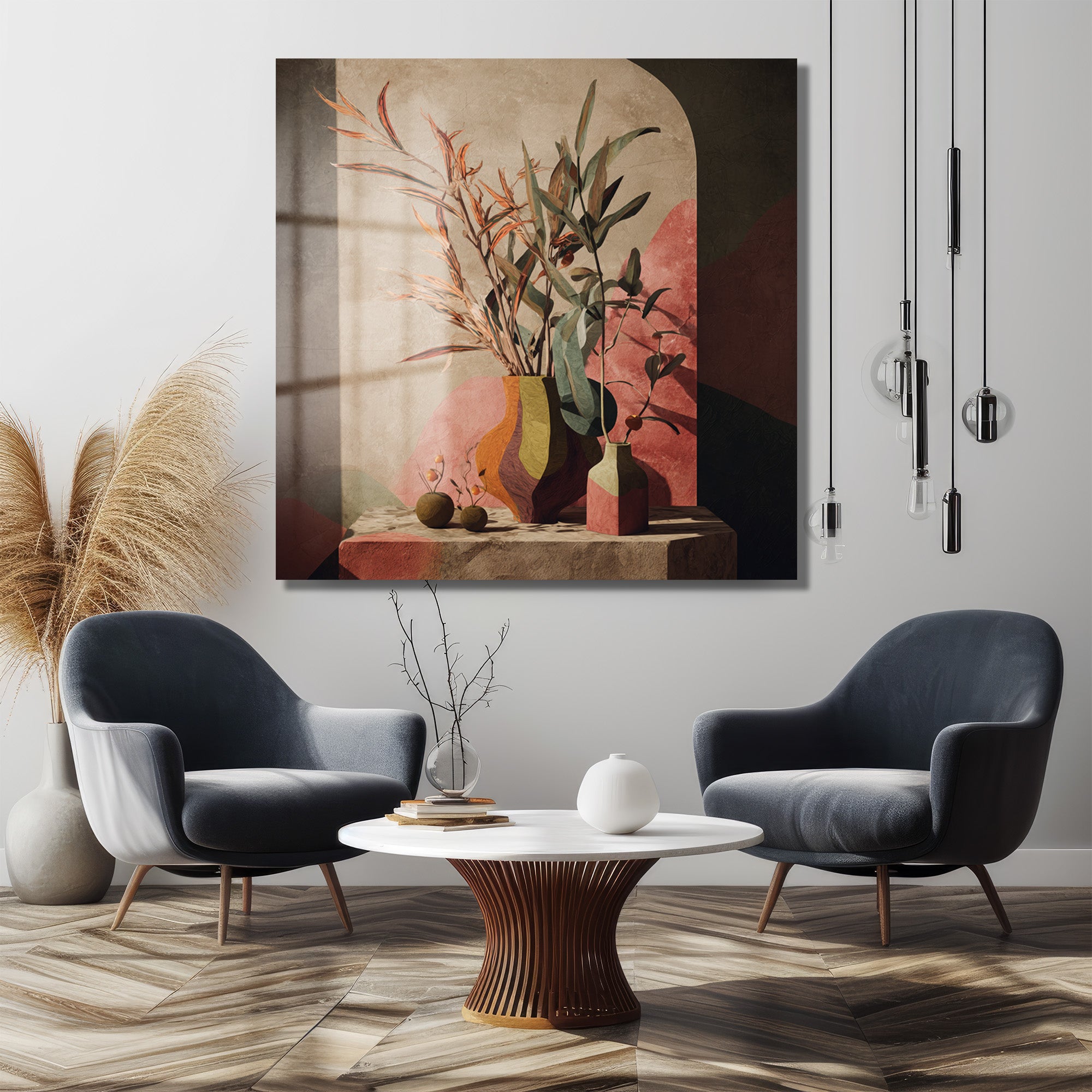 Pencere Gölgesiyle Soyut Botanik Sanat Cam Tablo