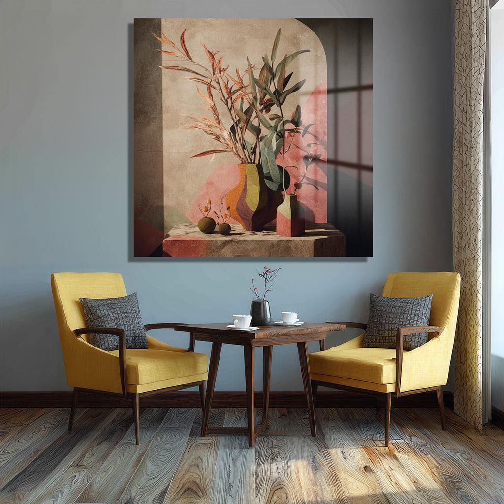 Pencere Gölgesiyle Soyut Botanik Sanat Cam Tablo