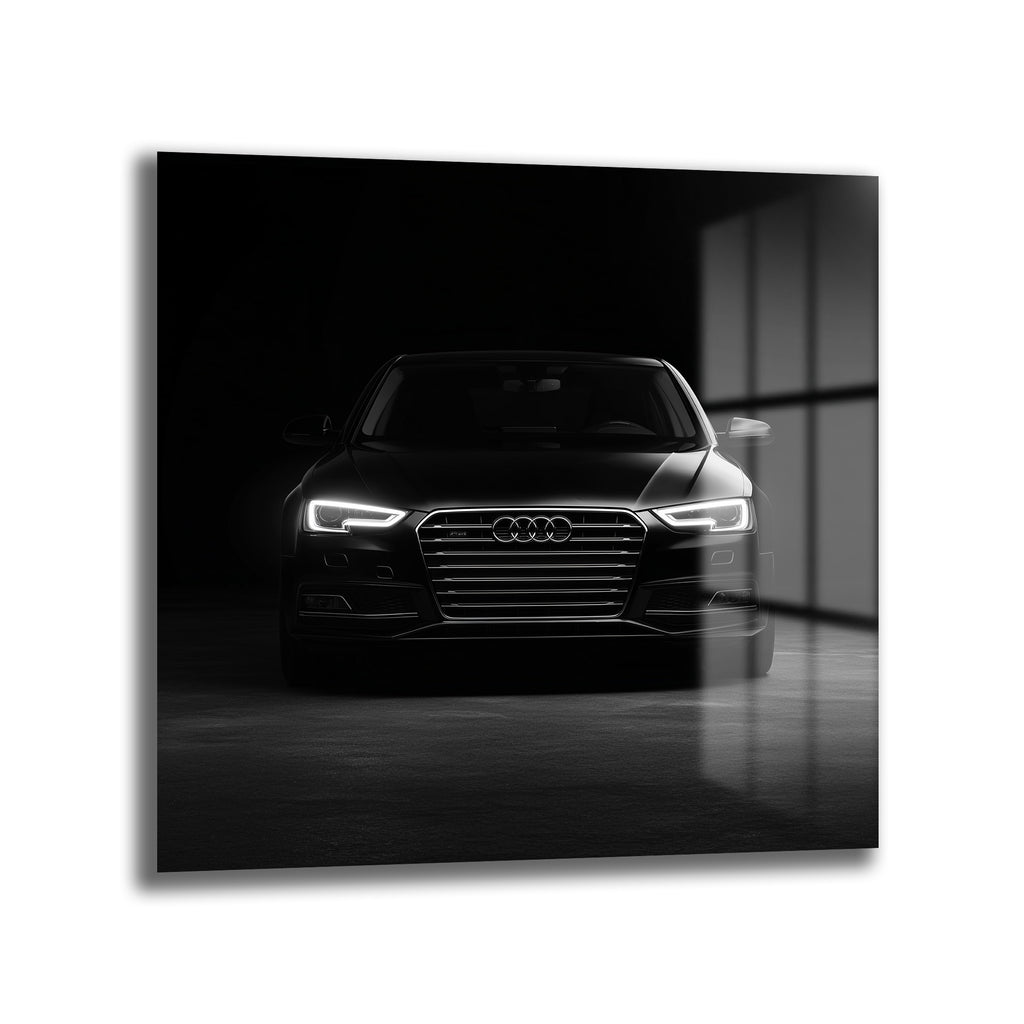 Karanlık bir ortamda, parlak farları açık, önden çekilmiş siyah renkli modern Audi otomobilin cam tablo görünümü.