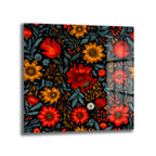 Canlı Kırmızı ve Sarı Çiçekli Folk Art Cam Tablo