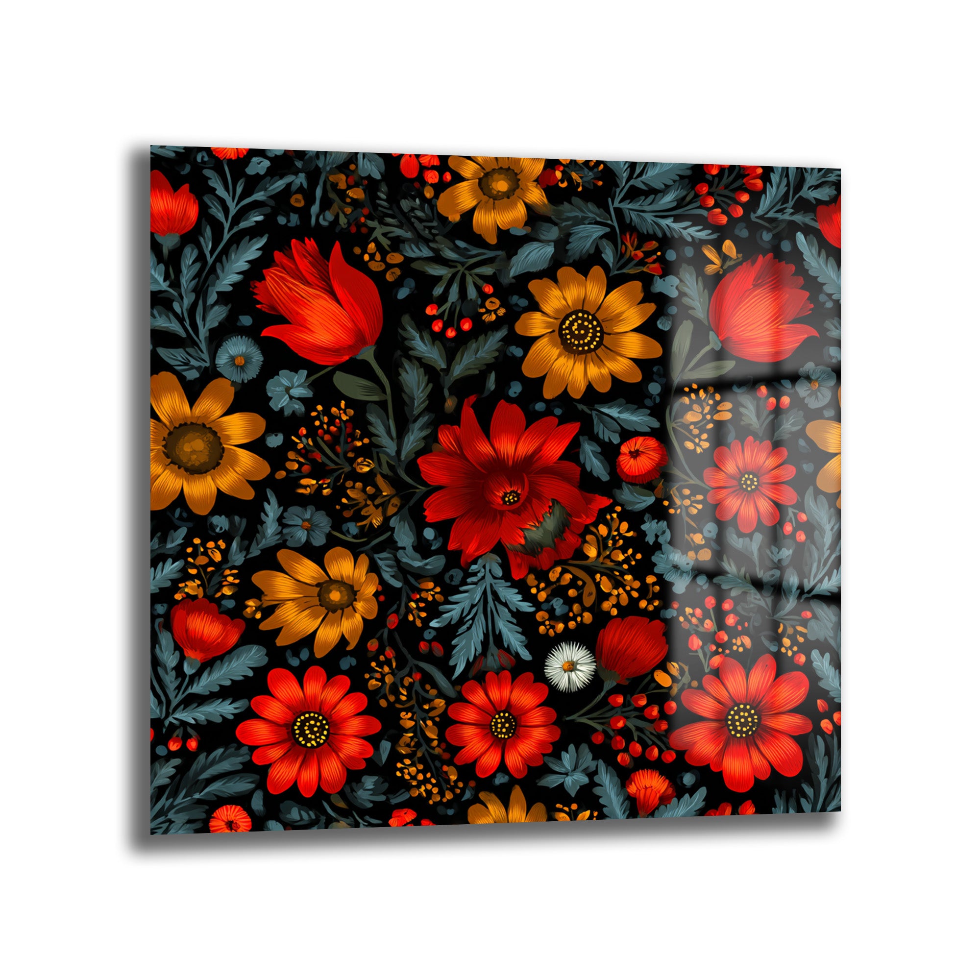 Canlı Kırmızı ve Sarı Çiçekli Folk Art Cam Tablo