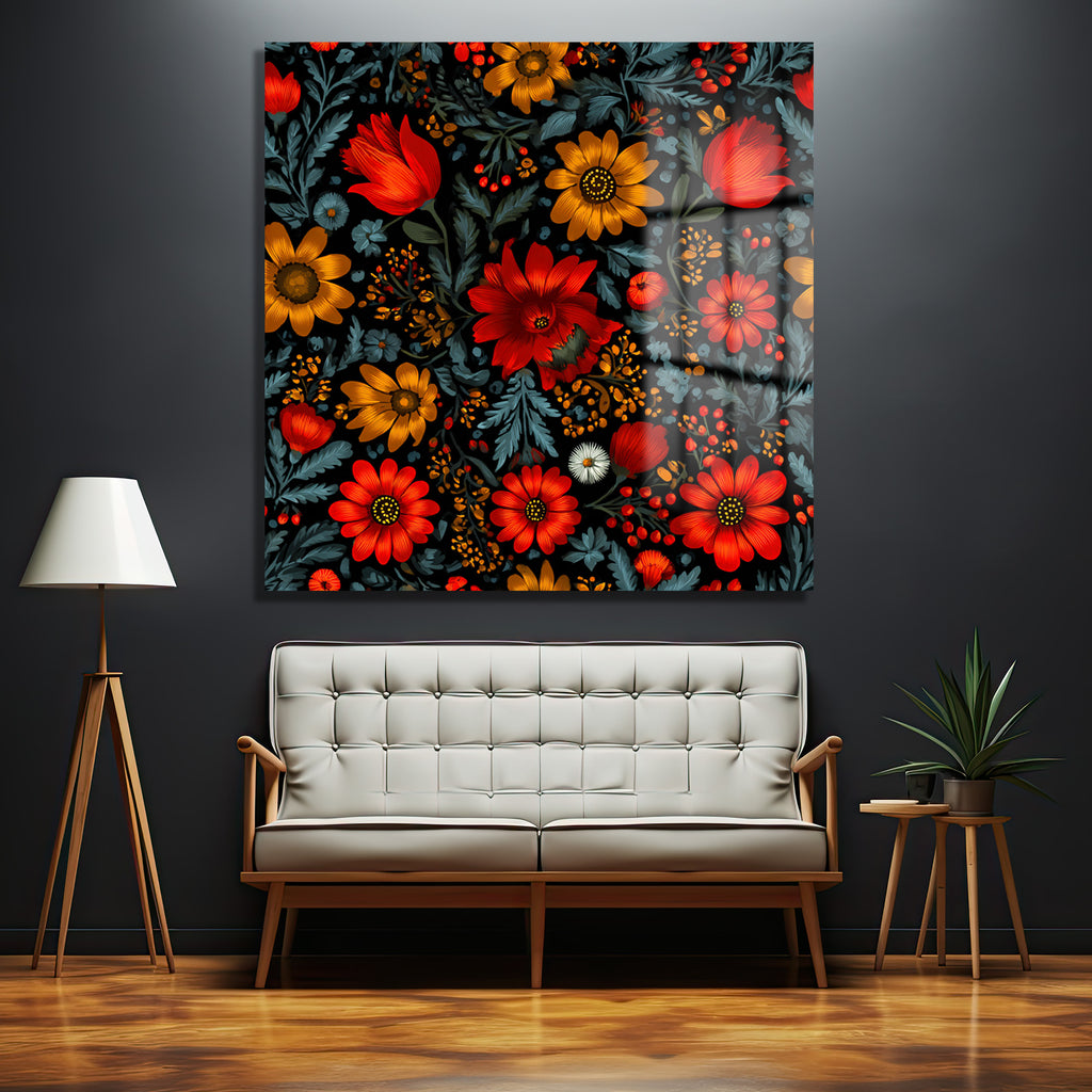 Canlı Kırmızı ve Sarı Çiçekli Folk Art Cam Tablo