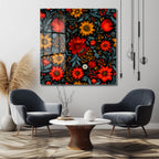Canlı Kırmızı ve Sarı Çiçekli Folk Art Cam Tablo