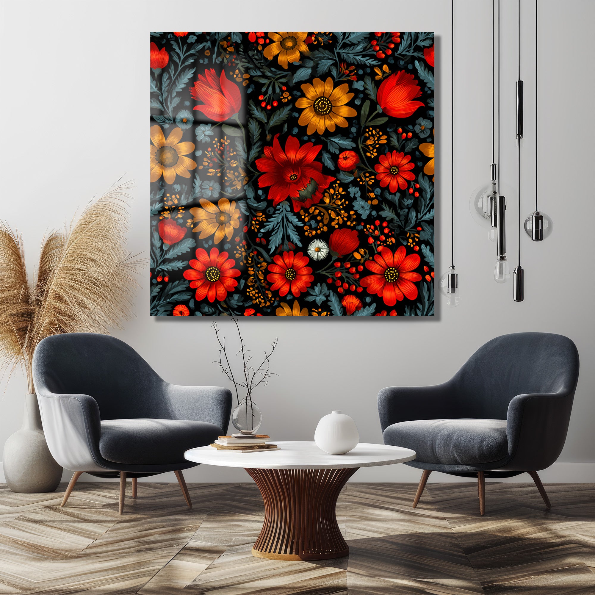 Canlı Kırmızı ve Sarı Çiçekli Folk Art Cam Tablo