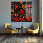 Canlı Kırmızı ve Sarı Çiçekli Folk Art Cam Tablo