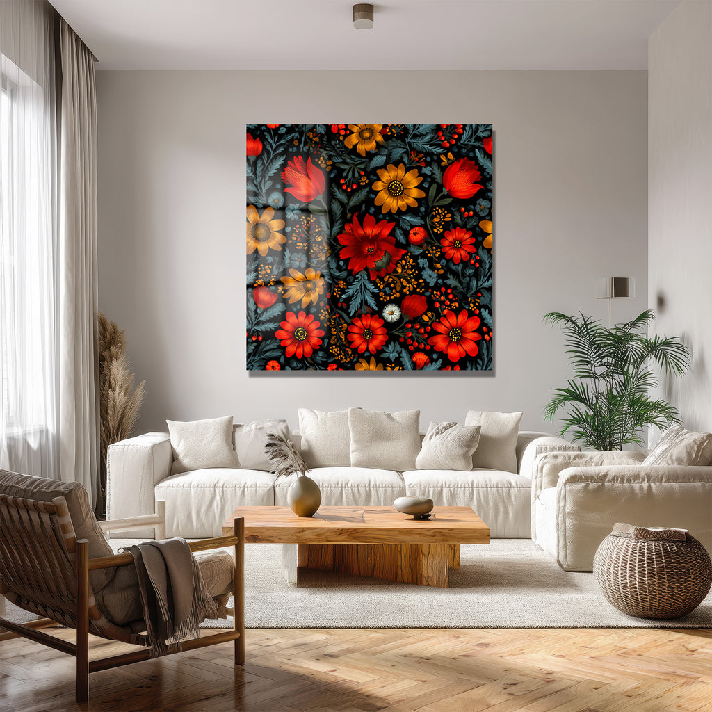Canlı Kırmızı ve Sarı Çiçekli Folk Art Cam Tablo