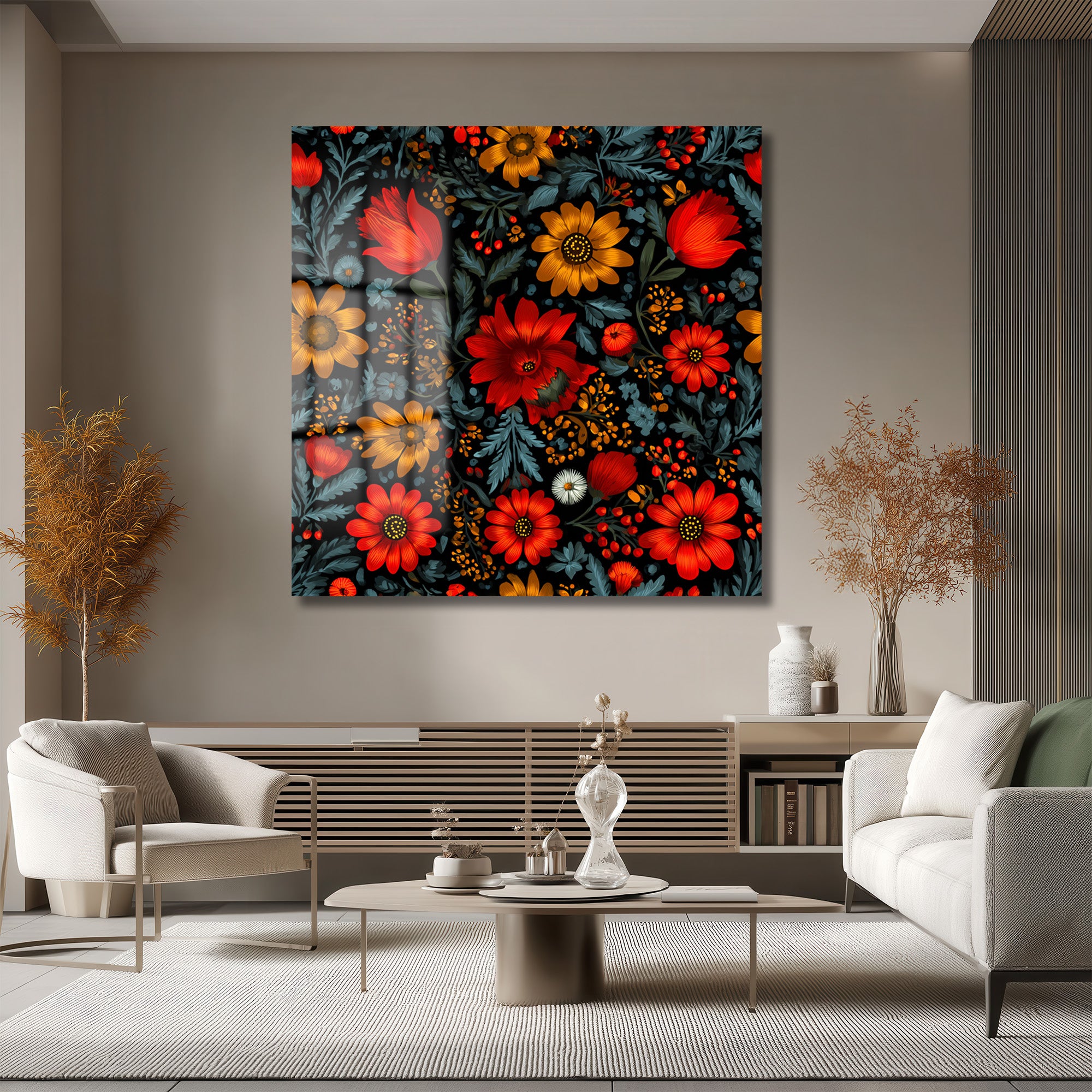 Canlı Kırmızı ve Sarı Çiçekli Folk Art Cam Tablo