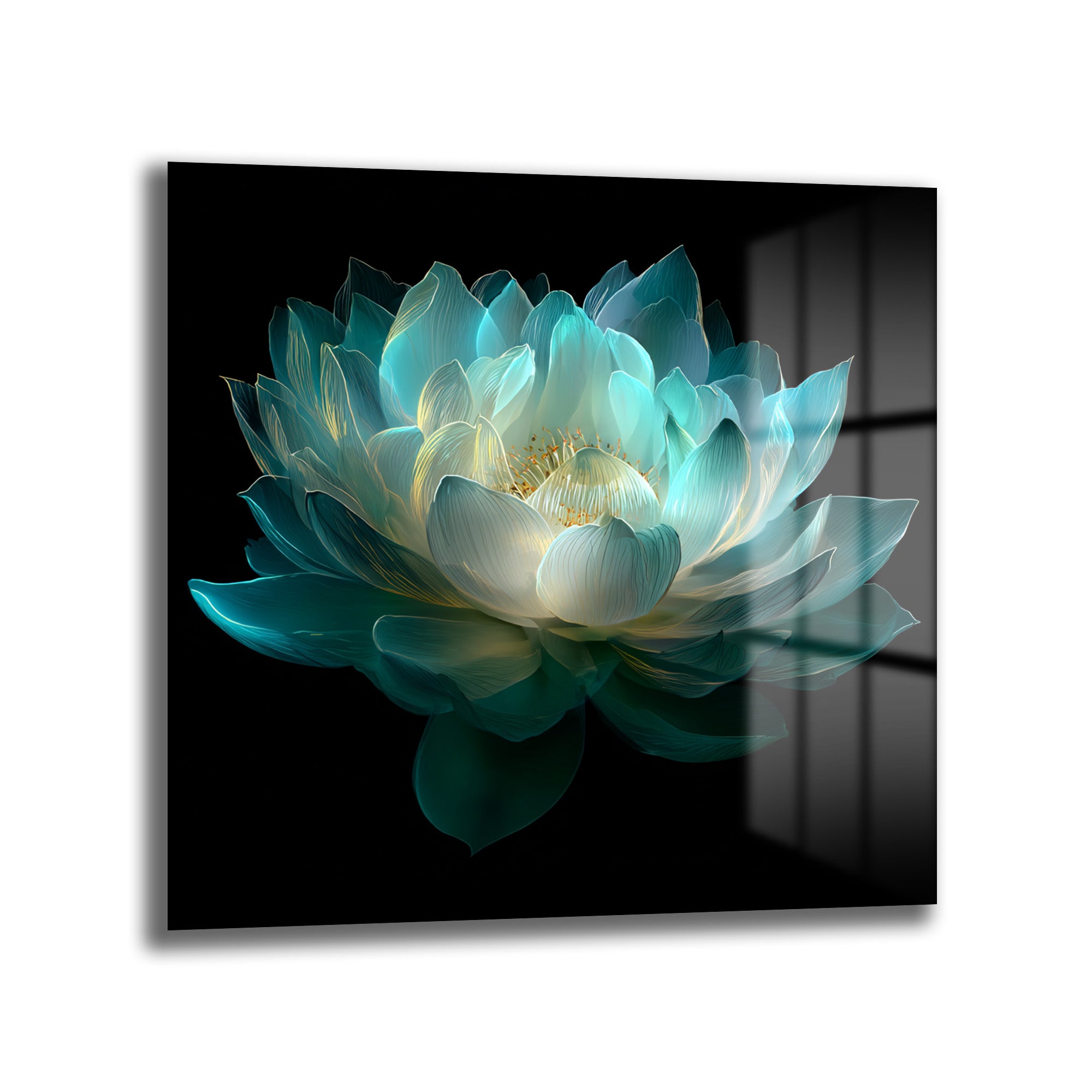 Ethereal Lotus Çiçeği Cam Tablo - Büyüleyici Turkuaz Sanat