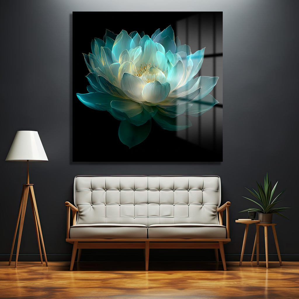 Ethereal Lotus Çiçeği Cam Tablo - Büyüleyici Turkuaz Sanat