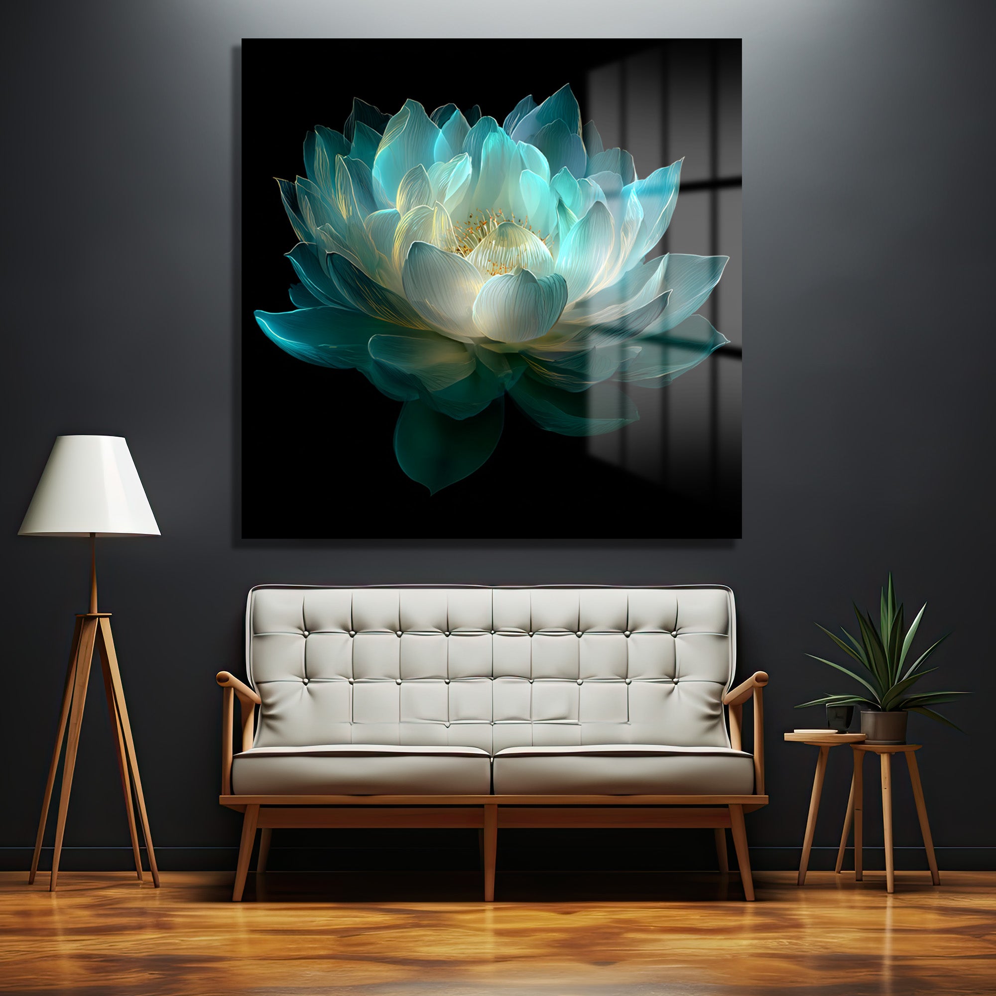 Ethereal Lotus Çiçeği Cam Tablo - Büyüleyici Turkuaz Sanat