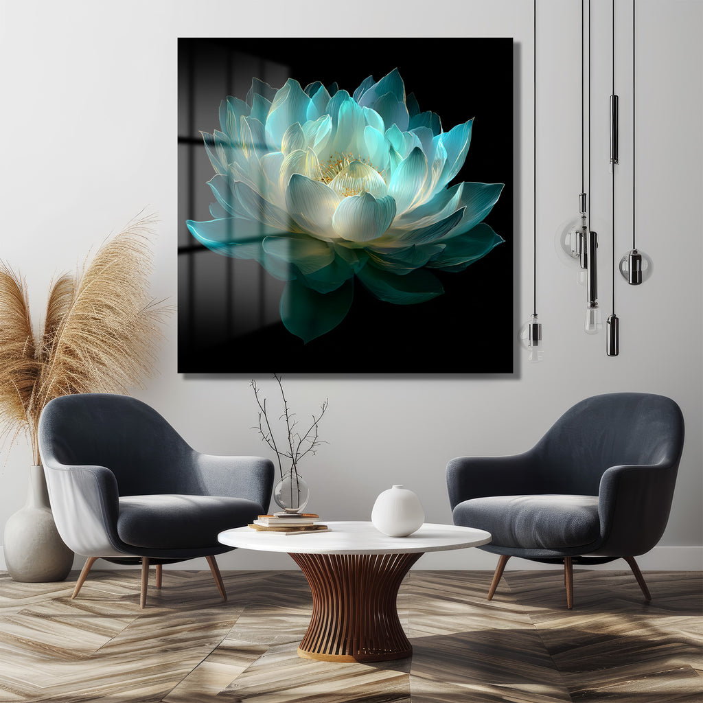 Ethereal Lotus Çiçeği Cam Tablo - Büyüleyici Turkuaz Sanat