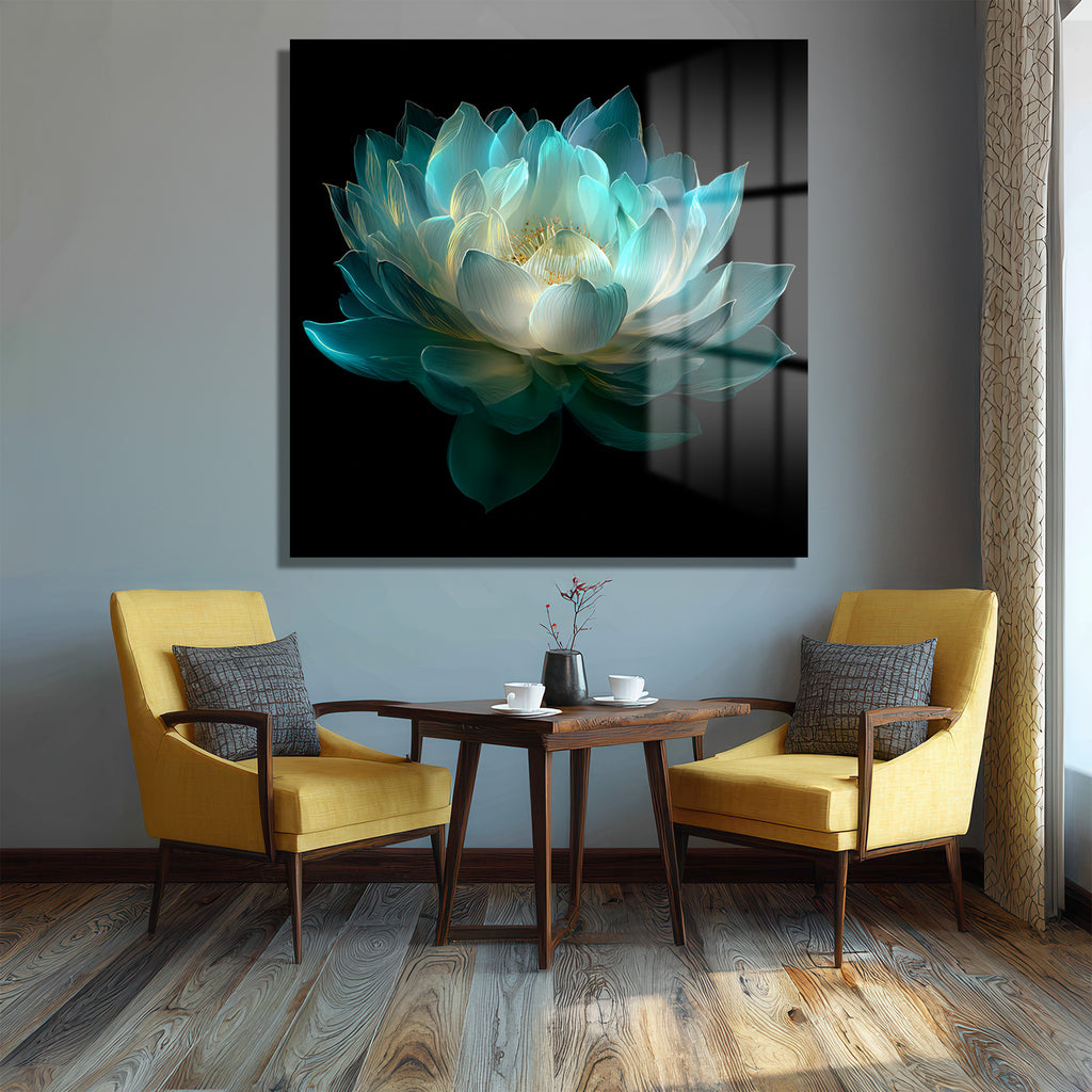 Ethereal Lotus Çiçeği Cam Tablo - Büyüleyici Turkuaz Sanat