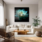Ethereal Lotus Çiçeği Cam Tablo - Büyüleyici Turkuaz Sanat
