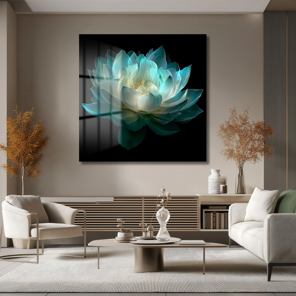 Ethereal Lotus Çiçeği Cam Tablo - Büyüleyici Turkuaz Sanat